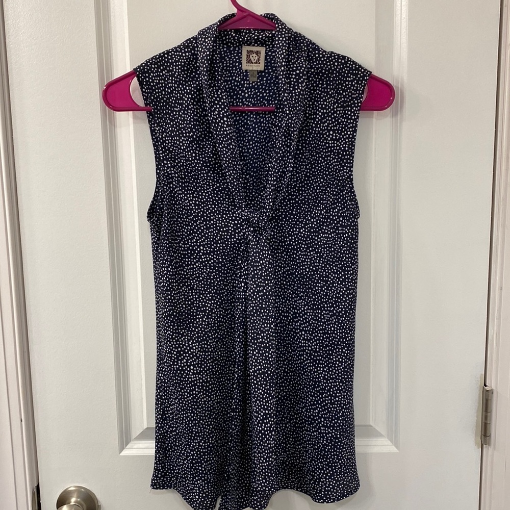 Anne Klein Size 6 Tie Neck V Neck Navy Tank